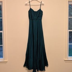Ruched bodice ampere spaghetti strap evening gown